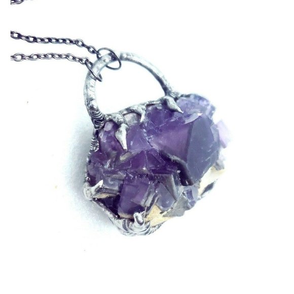 Huge Purple Flourite Octohedral crystal necklace  handmade gothic fantasy metal - Picture 3 of 12